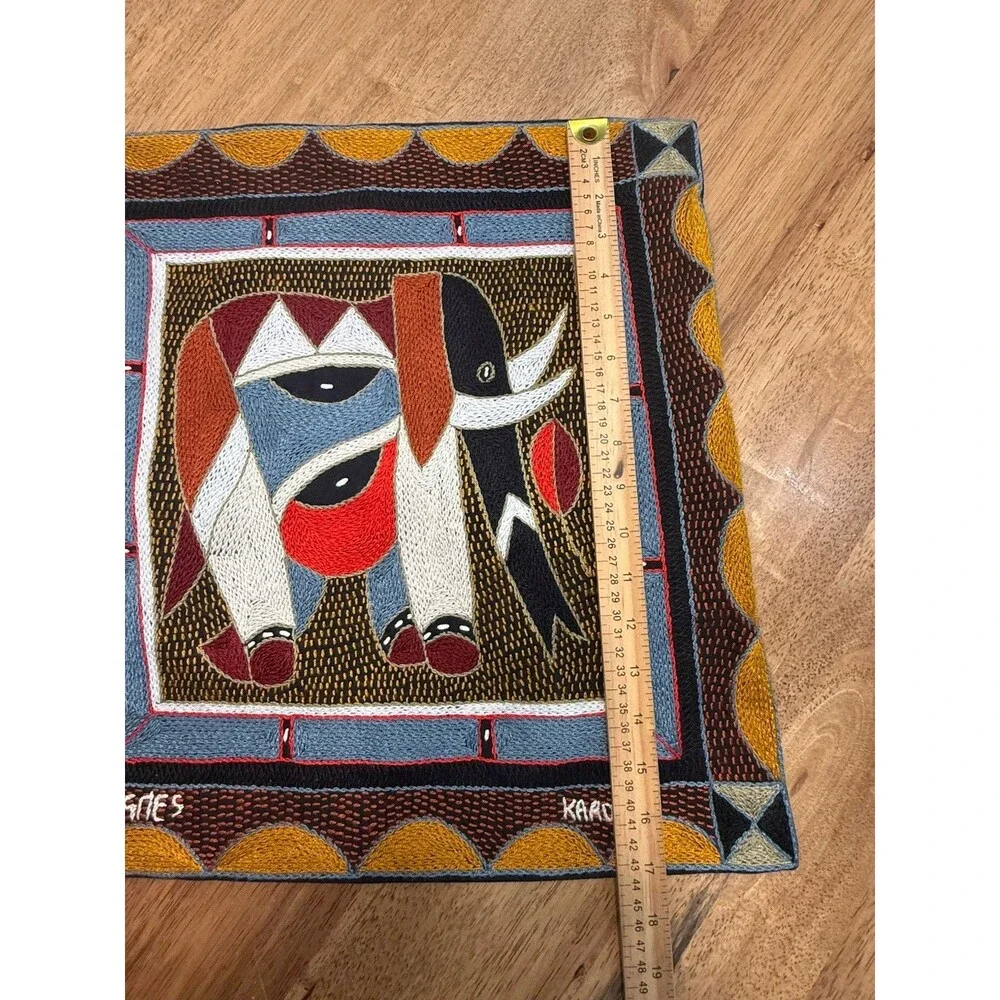 Kaross Signed Hand Embroider Elephant Folk Art Pillow Cover South Africa 17x17”